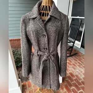 GUESS Brown Ivory Tweed Wool Blend Belted Coat Y2K Logo Lining S